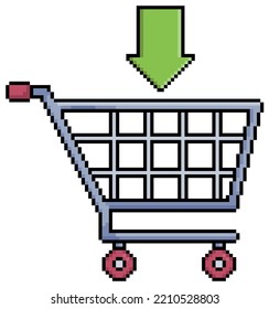 
Pixel art supermarket cart with add arrow, shopping cart vector icon for 8bit game on white background