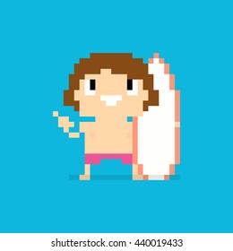 Pixel art surfer character with surfing board isolated on blue background