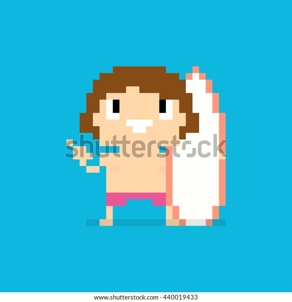 Pixel Art Surfer Character Surfing Board Stock Vector Royalty