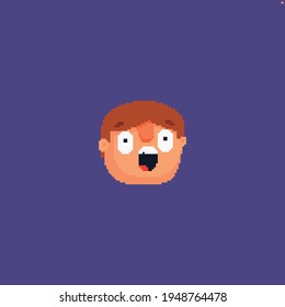 Pixel art surprized male character head isolated on violet background