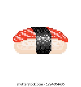 Pixel art sushi icon. Vector 8 bit gaming style salmon sushi with rice and nori seaweed. Classic japanese food in pixels. Pixel art asian cuisine retro illustration.