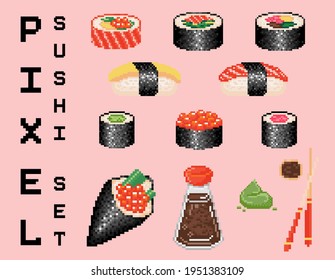 Pixel art sushi icons set. Pixel japanese food icons. Pixel art sushi, maki, roll, wasabi, chopsticks, tamago, soy sauce, and more. Retro 8 bit pixels japanese sushi set vector illustration.