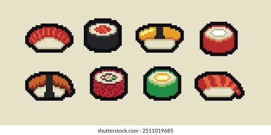 Conjunto de iconos de sushi de arte de píxeles. Iconos de comida japonesa Pixel. Pixel art sushi, maki, roll, wasabi, palillos, salsa de soja y más. Ilustración vectorial de sushi japonesa retro de 8 bits.