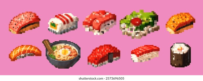 Pixel art sushi roll and ramen set. Gourmet Japanese cuisine with tuna, salmon, sashimi, and maki. Vector illustrations for game and digital design.