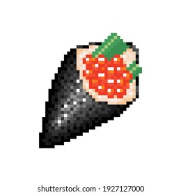 Pixel art sushi roll with red caviar. Pixelated Temaki roll. Japanese traditional food in pixel gaming retro style. Easy to use vector 8 bit icon of sushi roll.