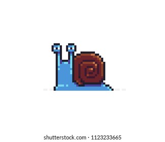 Pixel art suspicious snail character on white background