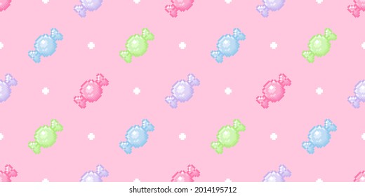 Pixel art sweet candy pink seamless pattern. Vector 8 bit cute girl background or backdrop.