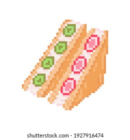 Pixel art sweet sandwich icon. 8bit pixelated asian cute sandwiches with kiwi and strawberry. Pair of dessert sandwiches in retro gaming style.  Vector.