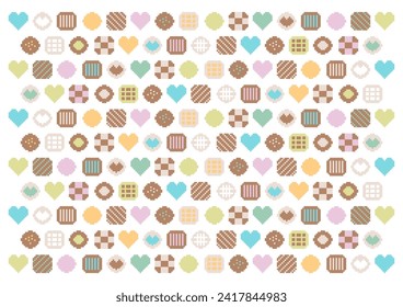 Pixel art sweets pattern. Vector illustration. Design for wallpapers, backgrounds, wrapping paper, etc. White background.