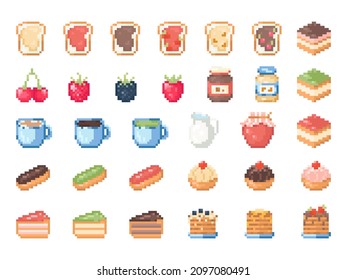 El conjunto de dulces de arte de Pixel. Colección vectorial de 8 bits de yummies, pasteles, eclairs, postres, tostadas, mermeladas, bayas, té y crepes. Aislado elemento de comida linda del retro video juego gráfico de la computadora.