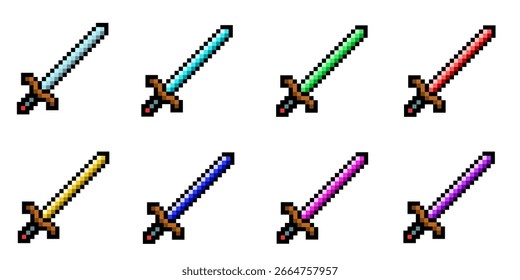 Pixel Art Sword Collection with Eight Color Variations, Retro 8-Bit Fantasy Weapon Sprite Set for Video Game Assets and RPG Design
