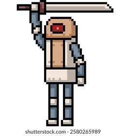 pixel art of sword fighting robot isolated background