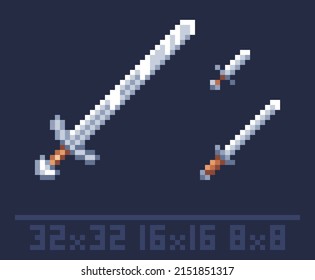 Pixel art sword icon for rpg, sandbox games. Resolution 32x32, 16x16, 8x8