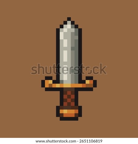 Pixel art sword icon with silver blade, golden hilt, and brown grip. Perfect for fantasy RPGs, retro games, or medieval-themed game assets.