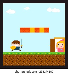 Pixel art swordsman prince running to his princess staying behind the door in location with sky and clouds, grass, soil and brick wall