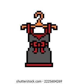 Pixel art symbol of black and red sleeveless mini dress with ribbon bow belt on a hanger isolated on white background. Clothes icon. Retro vintage 90s, 80s 8 bit slot machine, 2d video game graphics.
