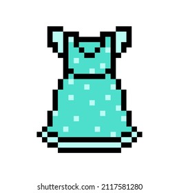 Pixel art symbol of blue dotted little girls' dress isolated on white background. Children's fashion. Stylish kid clothes icon. Old school retro 90s, 80s 8 bit slot machine, video game graphics.