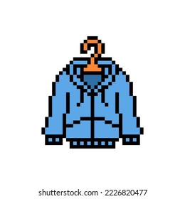 Pixel art symbol of a blue hoodie with a zipper on a hanger isolated on white background. Long sleeve sweatshirt, 8 bit icon. Old school retro vintage 90s, 80s slot machine, 2d video game graphics