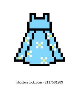 Pixel art symbol of blue little girls' sundress isolated on white background. Children's fashion. Stylish kid clothes icon. Old school retro vintage 90s, 80s 8 bit slot machine, video game graphics.