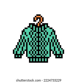 Pixel art symbol of a green knitted high neck sweater on a hanger isolated on white background. Clothes icon. Old school retro vintage 90s, 80s 8 bit slot machine, 2d video game graphics.