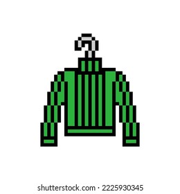 Pixel art symbol of a green knitted high neck sweater on a hanger isolated on white background. Clothes icon. Old school retro vintage 90s, 80s 8 bit slot machine, 2d video game graphics.