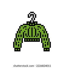 Pixel art symbol of a green knitted cropped sweater on a hanger isolated on white background. Women's fashion clothes icon. Old school retro vintage 90s, 80s 8 bit slot machine, 2d video game graphics