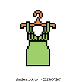 Pixel Art Symbol Of Green Spaghetti Strap Mini Dress On A Hanger Isolated On White Background. Women's Fashion Clothes Icon. Old School Retro Vintage 90s, 80s 8 Bit Slot Machine, Video Game Graphics.