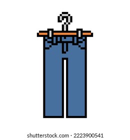 Pixel art symbol of jeans or blue denim pants on a hanger isolated on white background. Fashion clothes icon. Old school retro vintage 90s, 80s 8 bit slot machine, 2d video game graphics.