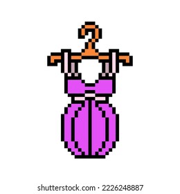 Pixel art symbol of pink spaghetti strap mini tulip dress on a hanger isolated on white background. Women's fashionable clothes icon. Retro vintage 90s, 80s 8 bit slot machine, 2d video game graphics.