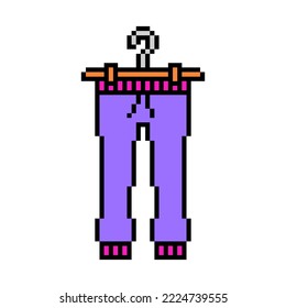 Pixel art symbol of purple joggers (sport training pants) on a hanger isolated on white background. Fashion clothes icon. Old school retro vintage 90s, 80s 8 bit slot machine, 2d video game graphics.