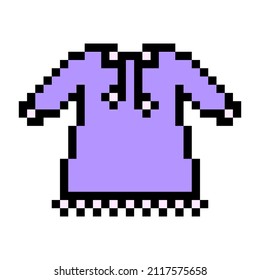Pixel art symbol of purple little girls' dress isolated on white background. Children's fashion. Stylish kid clothes icon. Old school retro vintage 90s, 80s 8 bit slot machine, video game graphics.