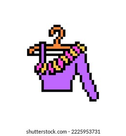 Pixel art symbol of purple one shoulder blouse on a hanger isolated on white background. Women's fashion clothes icon. Girl shirt. Retro vintage 90s, 80s 8 bit slot machine, 2d video game graphics.