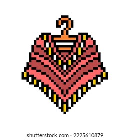 Pixel art symbol of red knitted poncho on a hanger isolated on white background. Boho women's fashion clothes icon. Mexican costume. Retro vintage 90s, 80s 8 bit slot machine, 2d video game graphics.