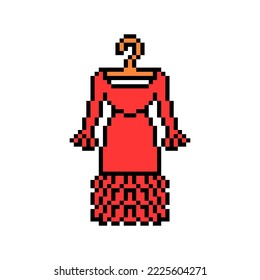 Pixel Art Symbol Of Red Spanish Flamenco Dress With Folds On A Hanger Isolated On White Background. Women's Fashion Clothes Icon. Dance Outfit. Retro Vintage 8 Bit Slot Machine, Video Game Graphics