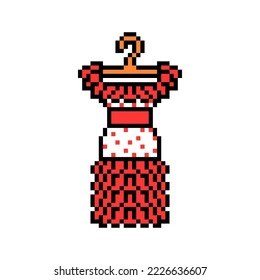 Pixel Art Symbol Of Red Spanish Flamenco Dress With Folds On A Hanger Isolated On White Background. Women's Fashion Clothes Icon. Dance Outfit. Retro Vintage 8 Bit Slot Machine, Video Game Graphics