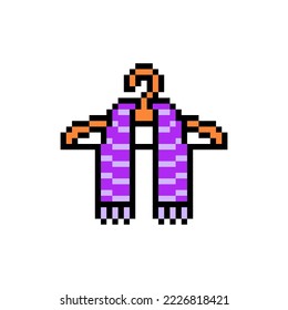 Pixel art symbol of a striped purple knitted scarf on a hanger isolated on white background. Fashion accessory icon. Old school retro vintage 90s, 80s 8 bit slot machine, video game graphics