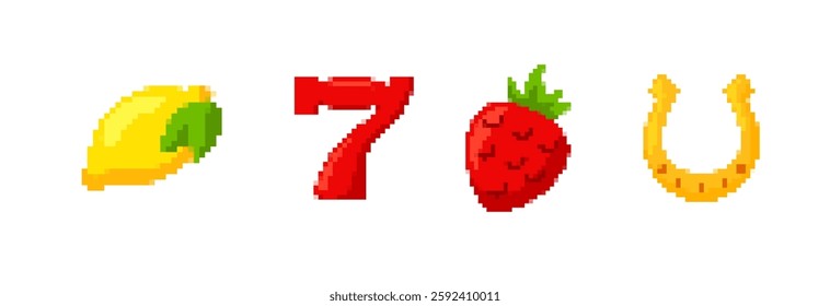 Pixel art symbols featuring lemon, red seven, strawberry, and horseshoe icons in a simple layout.