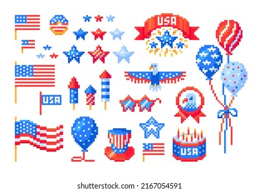 Pixel art symbols set for USA Independence Day, 4th of July. American flag, baloon, cake, eagle and other icons isolated on white. 8 bit retro style vector illustration