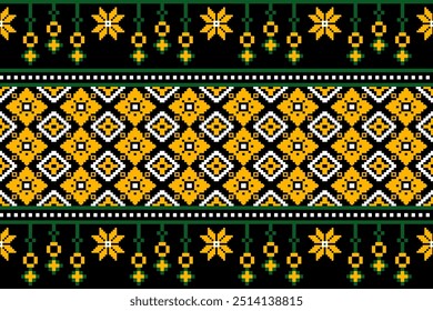 Pixel art of symmetrical golden flowers on black, featuring intricate diamonds and ornate green, yellow details, blending traditional craft with a geometric digital style.