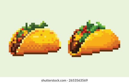 Pixel Art Taco Set Retro Mexican Food Icons. A set of 8-bit style pixel art tacos.