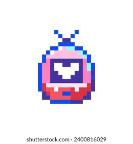 Pixel art Tamagotchi Icon. Vector Pixel 8bit Digital Pet Game. 80s 90s Retro Game Decor For Valentine's Day. Pixelated Classic Pocket Gadget Sticker Illustration on white background.	