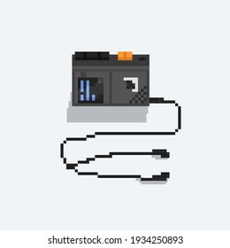 Pixel art tape cassette player with headphone.