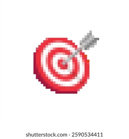 Pixel art of target landing and arrow illustration. Pixelated red and white target illustration. 
