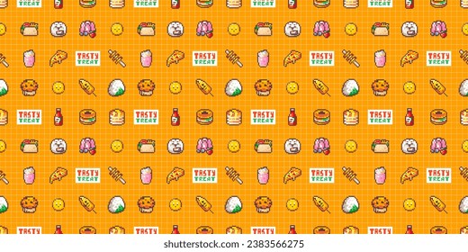 Pixel Art Tasty Bites Pattern. Fast Food and Asian Cuisine Combo. Seamless Vector Designs with Bambao Buns, Pancakes and Fried Treats. Perfect for Y2K Modern Designs.