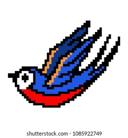 Pixel art tattoo retro swallow. Vector 8 bit game animal character isolated on white background.