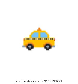 Pixel art taxi car isolated on white background. Taxi car icon, side view for retro video game. Pixel art style vector illustration. stock illustration