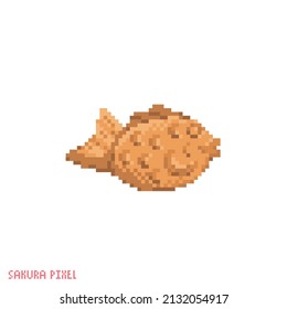 Pixel art tayaki cake icon. Vector 8 bit style illustration of asian fish shaped cake. Taiyaki fish decorative oriental element of retro video game computer graphic.