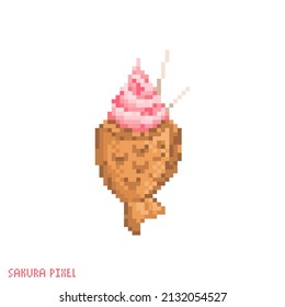 Pixel art tayaki ice cream icon. Vector 8 bit style illustration of asian fish shaped ice cream. Taiyaki fish ice cream decorative oriental spring element of retro video game computer graphic.