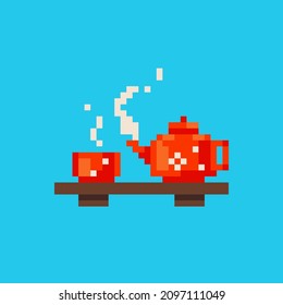 Pixel art tea ceremony icon. Vector 8 bit style illustration of pixel Chinese red teapot and cup. Isolated cute drink kettle decorative element of retro video game computer graphic.