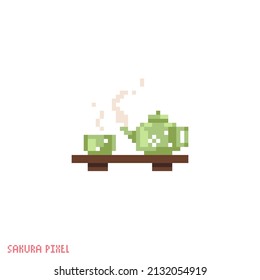 Pixel art tea ceremony icon. Vector 8 bit style illustration of asian tea kettle and cup on a tray. Green teapot decorative oriental spring hanami element of retro video game computer graphic.